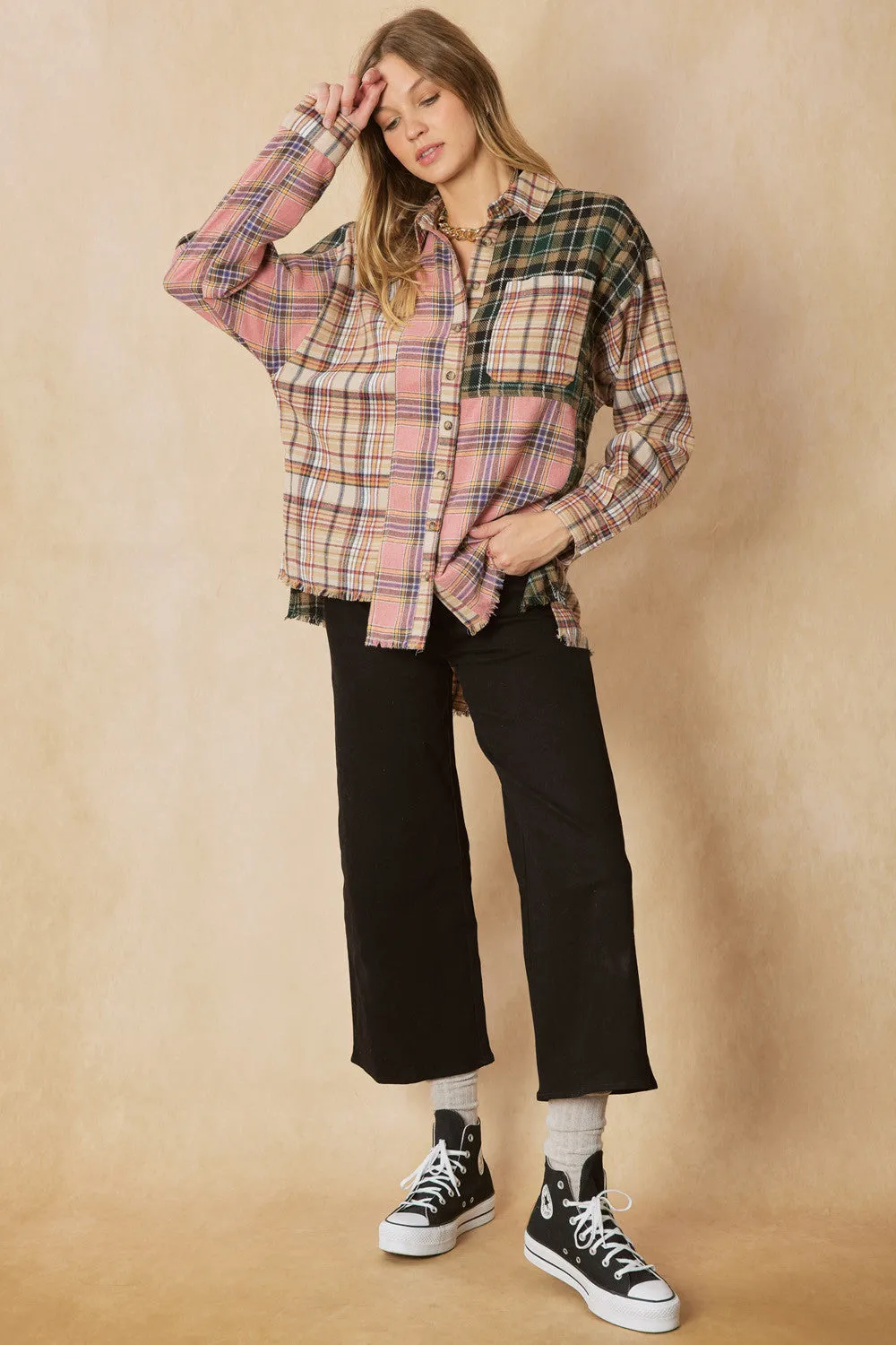 Color Block Plaid Flannel Top