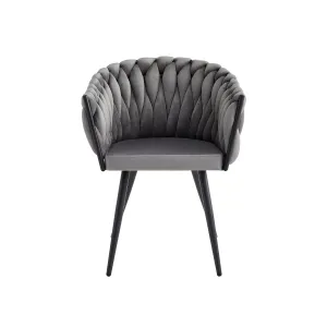 Contemporary Grey Velvet Arm Chair with Braided Design - Metal Legs