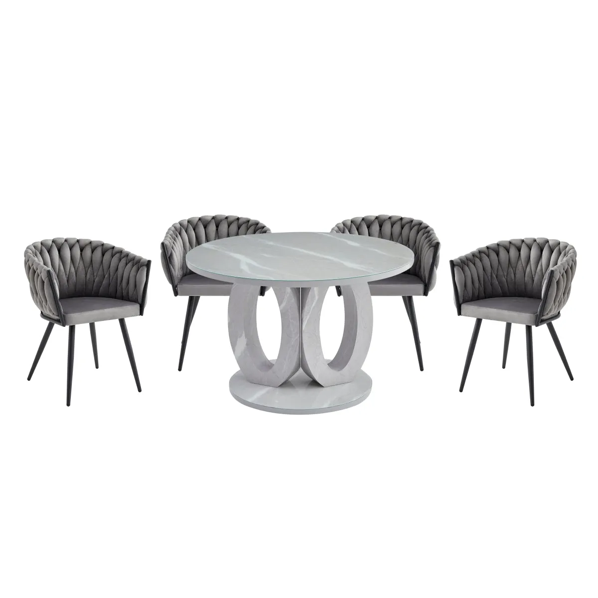 Contemporary Grey Velvet Arm Chair with Braided Design - Metal Legs