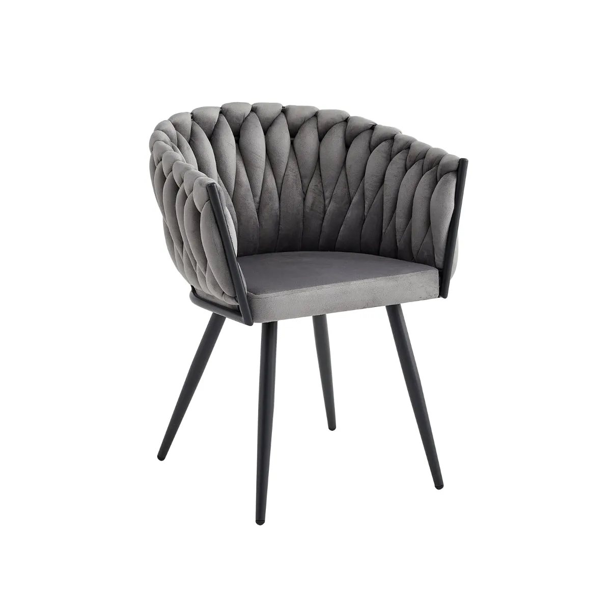 Contemporary Grey Velvet Arm Chair with Braided Design - Metal Legs