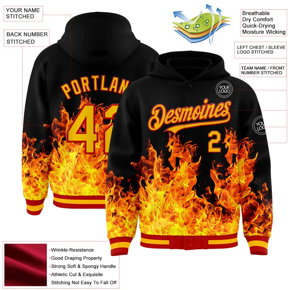 Custom Black Gold-Red Flame 3D Pattern Design Bomber Full-Snap Varsity Letterman Hoodie Jacket