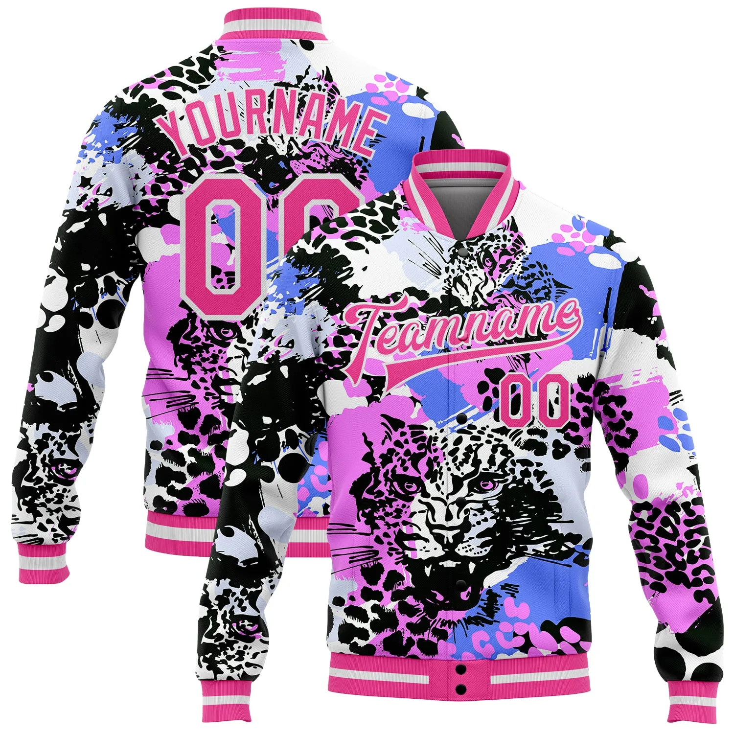 Custom Black Pink-White Leopard 3D Pattern Design Bomber Full-Snap Varsity Letterman Jacket