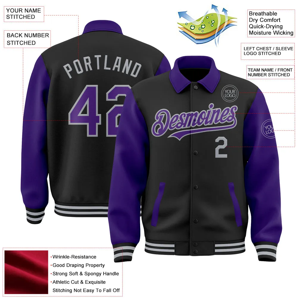 Custom Black Purple-Gray Bomber Full-Snap Varsity Letterman Two Tone Lapel Collar Byron Jacket