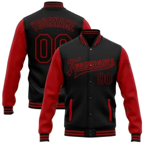 Custom Black Red Bomber Full-Snap Varsity Letterman Two Tone Jacket