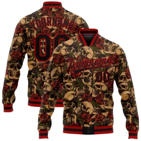 Custom Black Red Rose Skull Fashion 3D Bomber Full-Snap Varsity Letterman Jacket