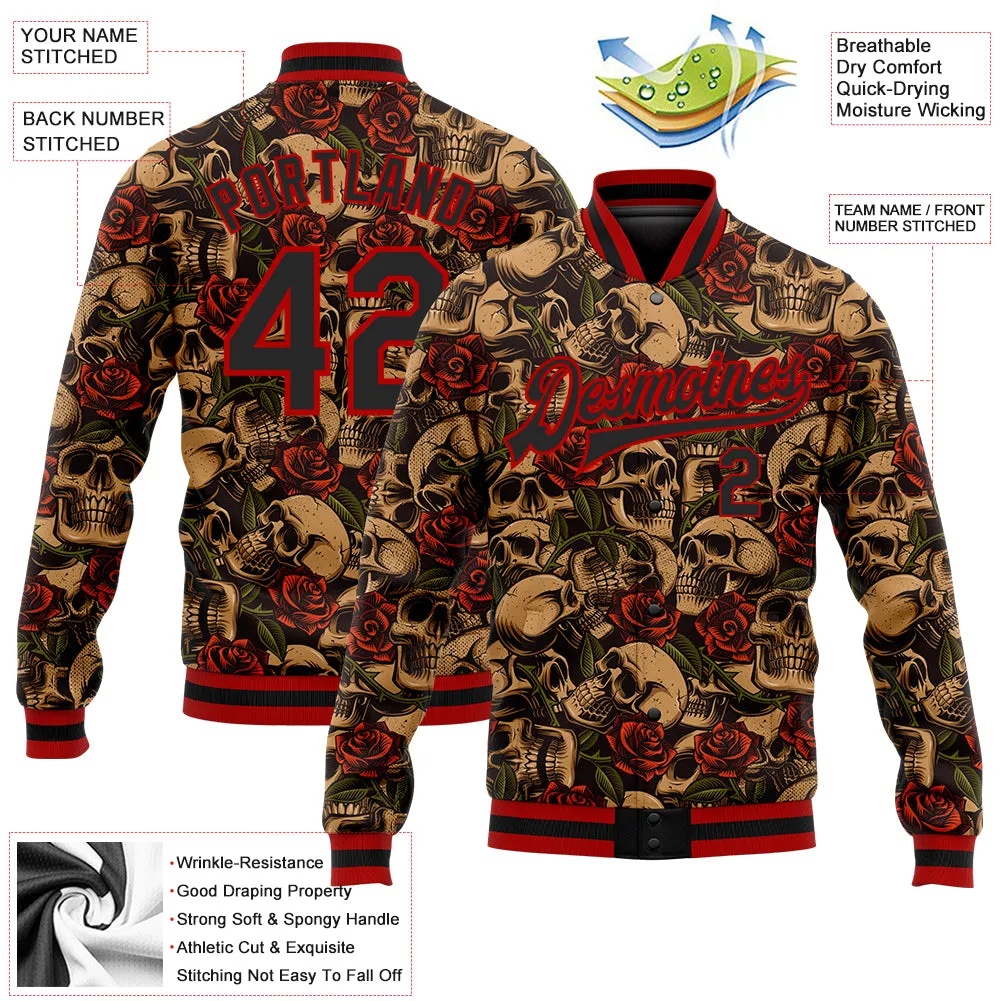 Custom Black Red Rose Skull Fashion 3D Bomber Full-Snap Varsity Letterman Jacket