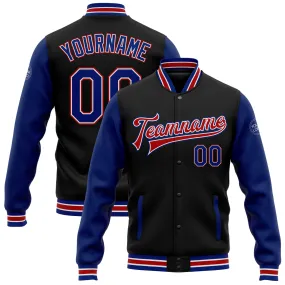 Custom Black Royal-Red Bomber Full-Snap Varsity Letterman Two Tone Jacket