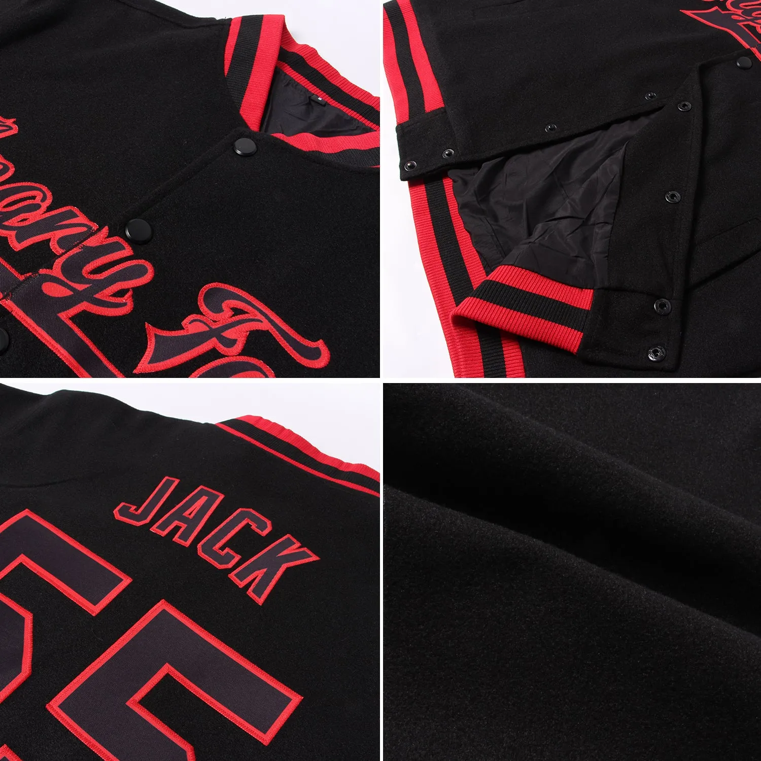 Custom Black Royal-Red Bomber Full-Snap Varsity Letterman Two Tone Jacket