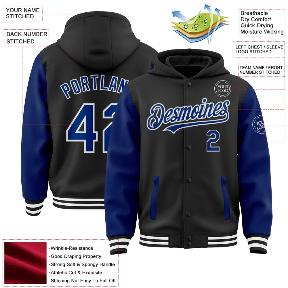 Custom Black Royal-White Bomber Full-Snap Varsity Letterman Two Tone Hoodie Jacket