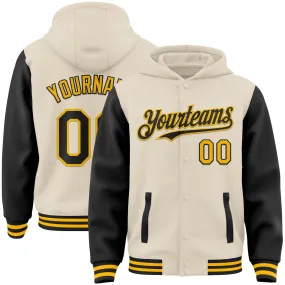 Custom Cream Black-Gold Bomber Full-Snap Varsity Letterman Two Tone Hoodie Jacket