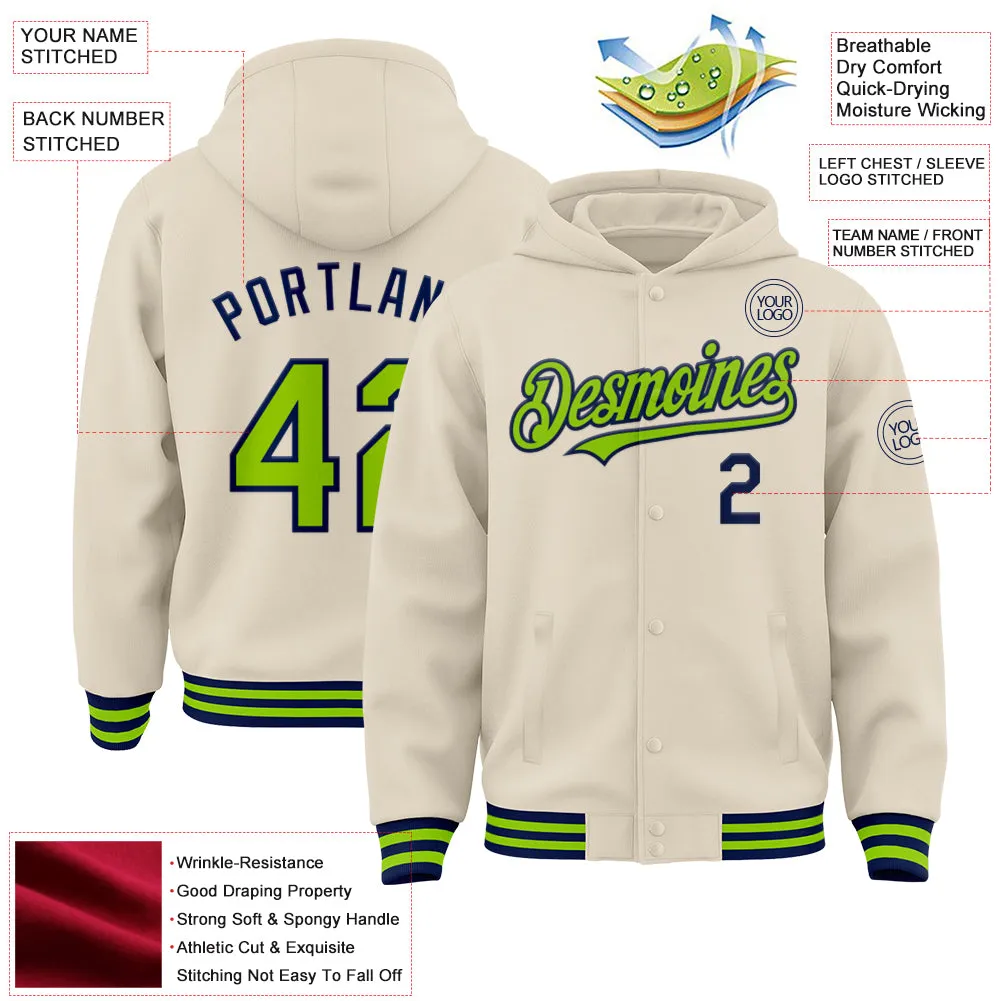 Custom Cream Neon Green-Navy Bomber Full-Snap Varsity Letterman Hoodie Jacket