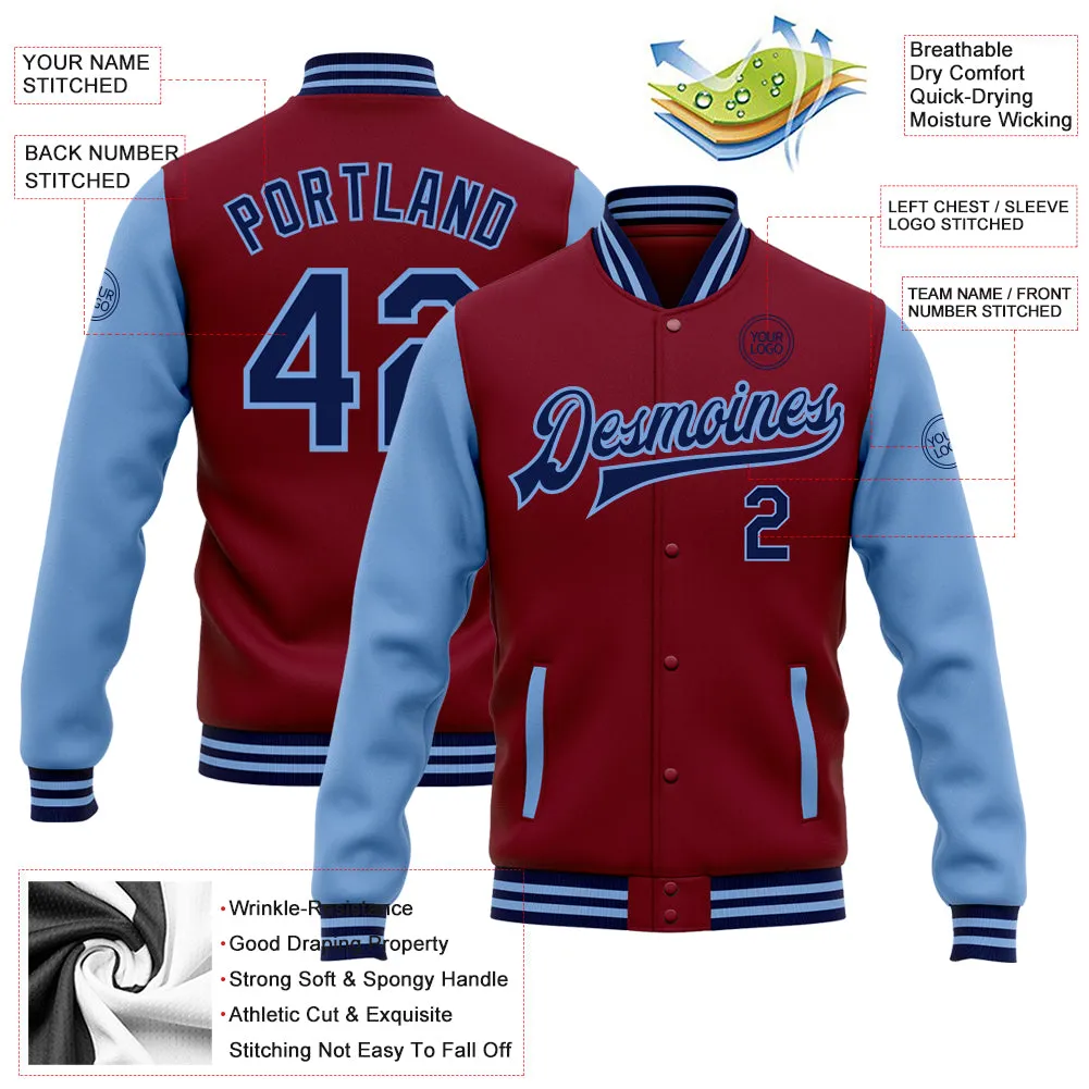 Custom Crimson Navy-Light Blue Bomber Full-Snap Varsity Letterman Two Tone Jacket