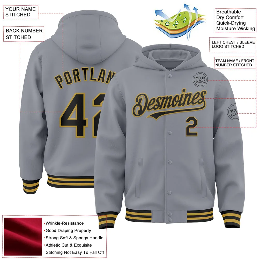 Custom Gray Black-Old Gold Bomber Full-Snap Varsity Letterman Hoodie Jacket