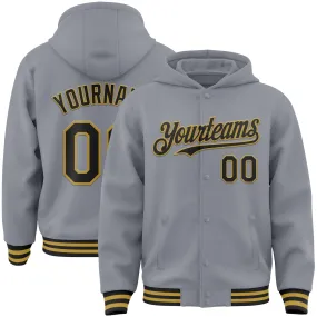 Custom Gray Black-Old Gold Bomber Full-Snap Varsity Letterman Hoodie Jacket