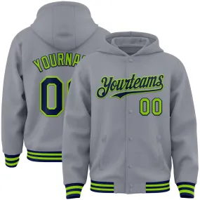 Custom Gray Navy-Neon Green Bomber Full-Snap Varsity Letterman Hoodie Jacket