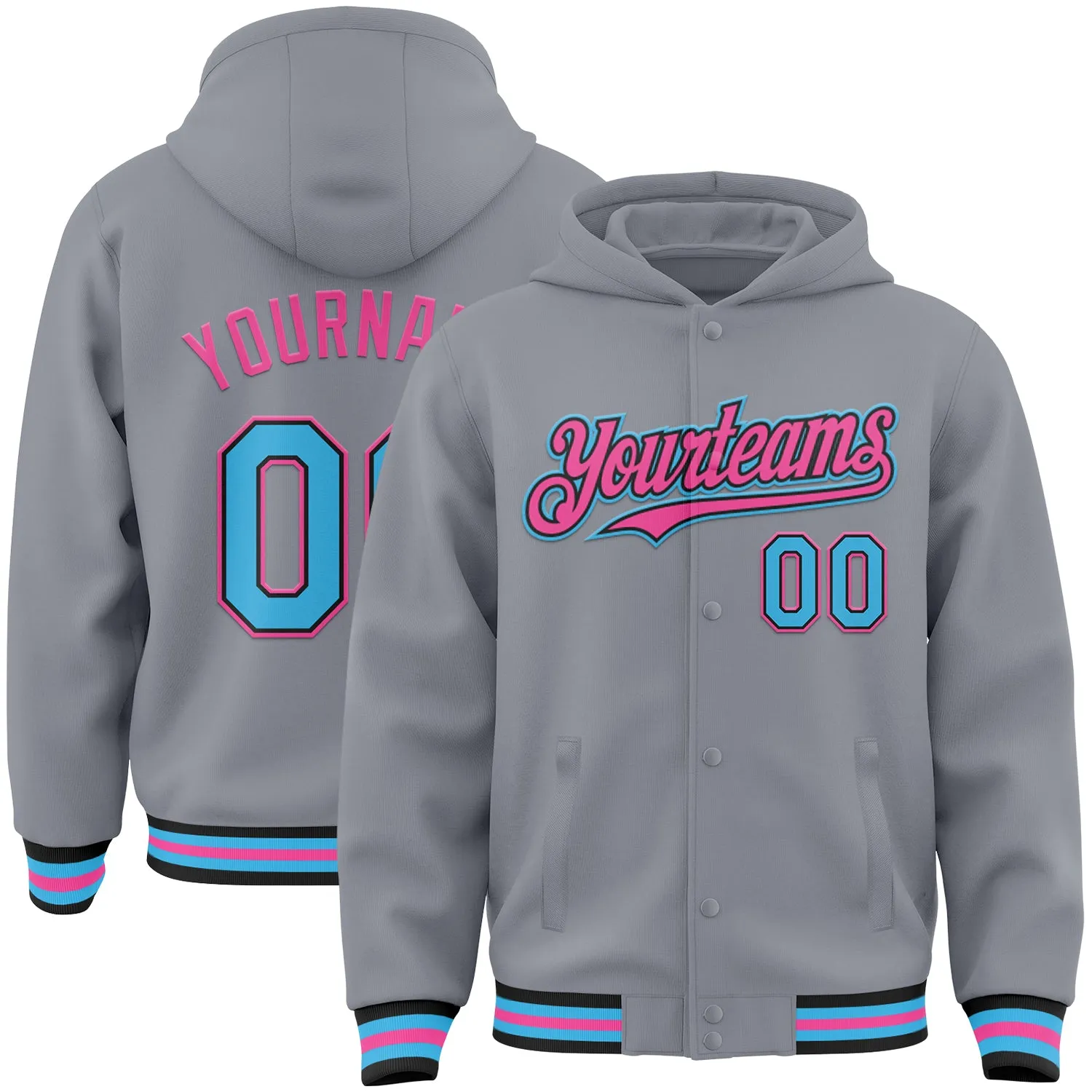 Custom Gray Sky Blue Black-Pink Bomber Full-Snap Varsity Letterman Hoodie Jacket