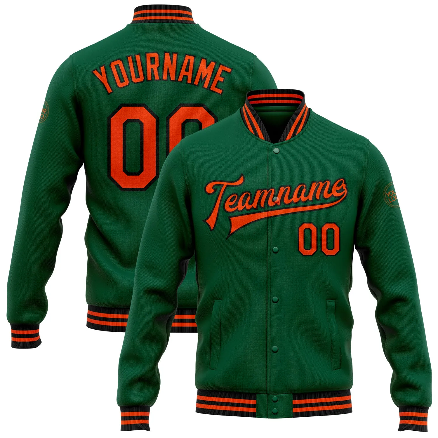 Custom Kelly Green Orange-Black Bomber Full-Snap Varsity Letterman Jacket