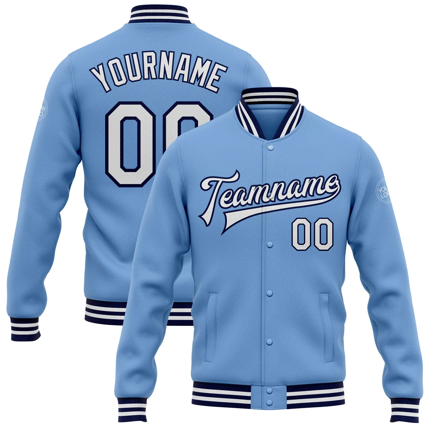 Custom Light Blue White-Navy Bomber Full-Snap Varsity Letterman Jacket