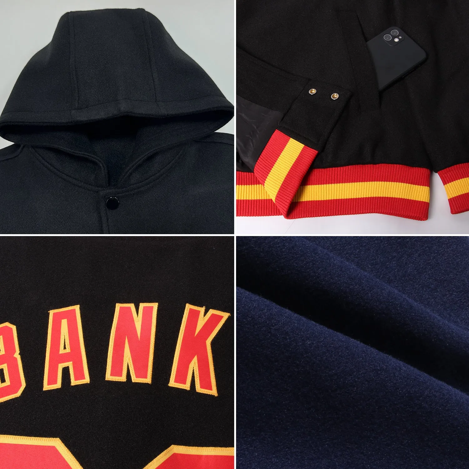 Custom Navy Red-Gold Bomber Full-Snap Varsity Letterman Two Tone Hoodie Jacket