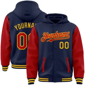 Custom Navy Red-Gold Bomber Full-Snap Varsity Letterman Two Tone Hoodie Jacket