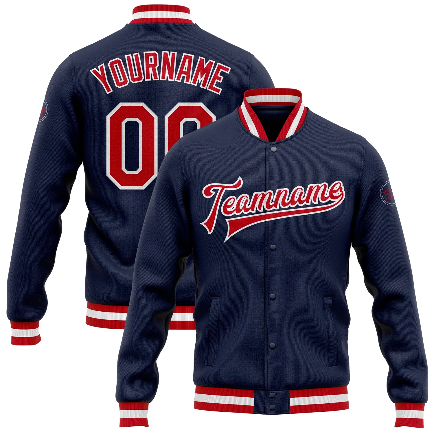 Custom Navy Red-White Bomber Full-Snap Varsity Letterman Jacket