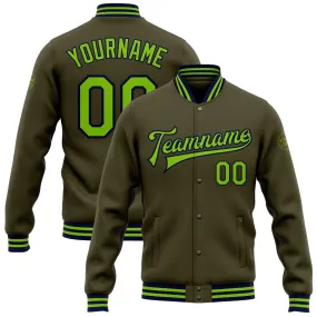 Custom Olive Neon Green-Navy Bomber Full-Snap Varsity Letterman Salute To Service Jacket