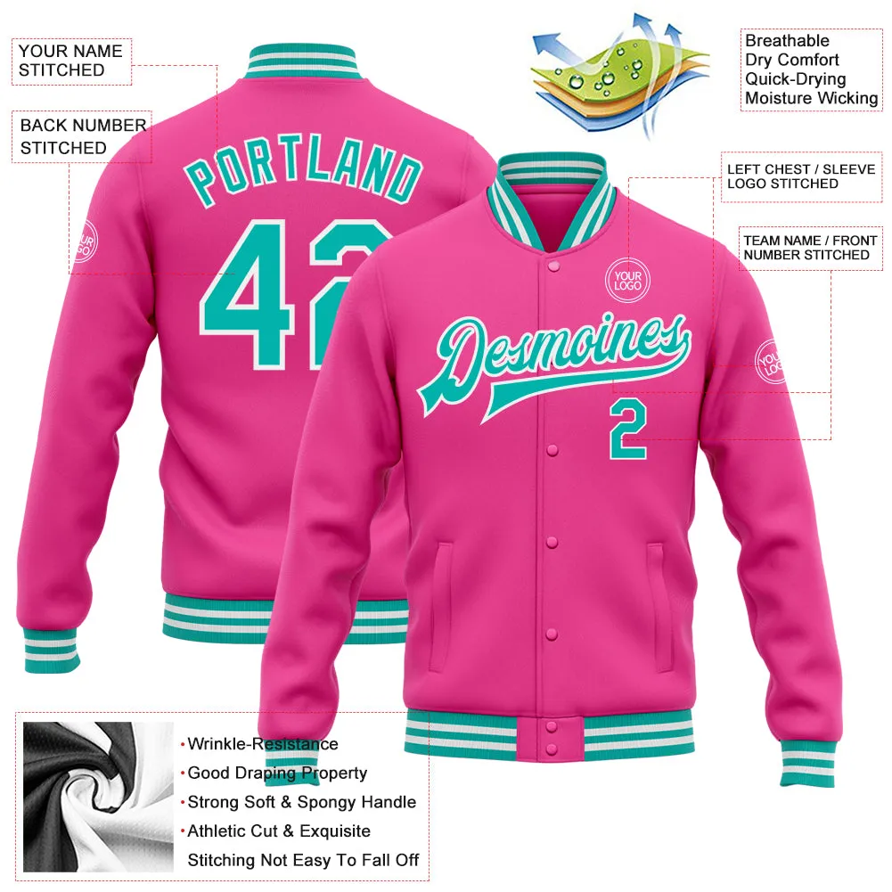 Custom Pink Aqua-White Bomber Full-Snap Varsity Letterman Jacket