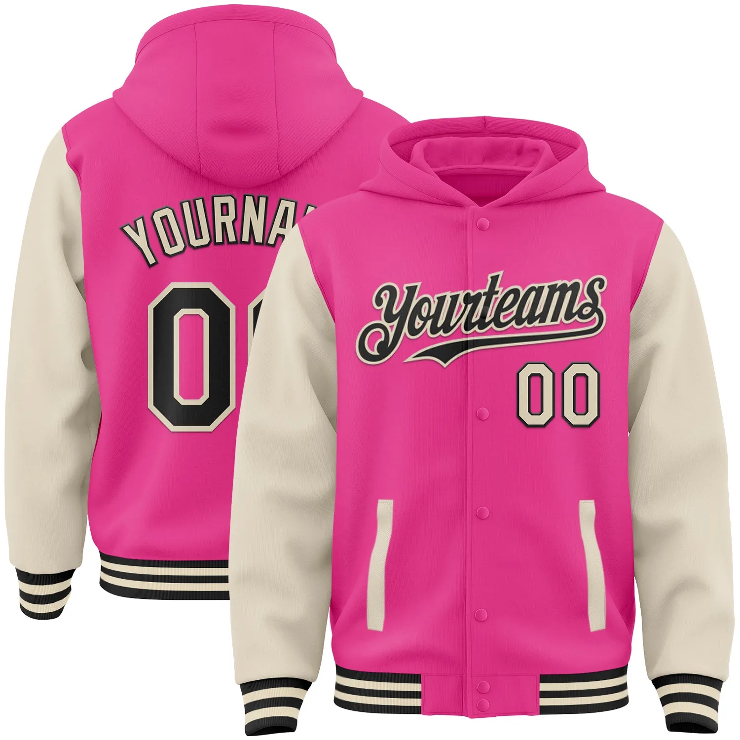 Custom Pink Black-Cream Bomber Full-Snap Varsity Letterman Two Tone Hoodie Jacket