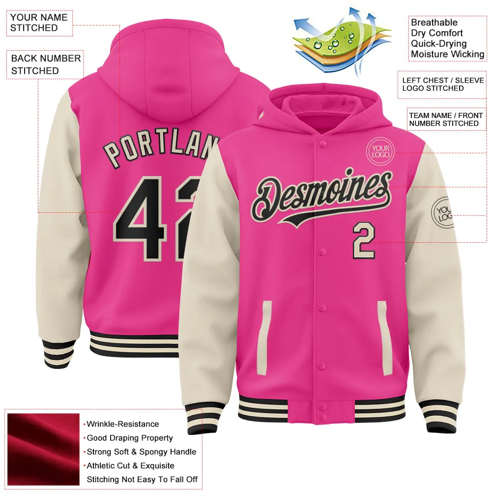 Custom Pink Black-Cream Bomber Full-Snap Varsity Letterman Two Tone Hoodie Jacket