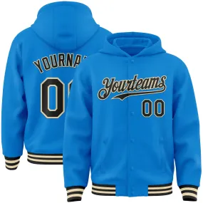 Custom Powder Blue Black-Cream Bomber Full-Snap Varsity Letterman Hoodie Jacket