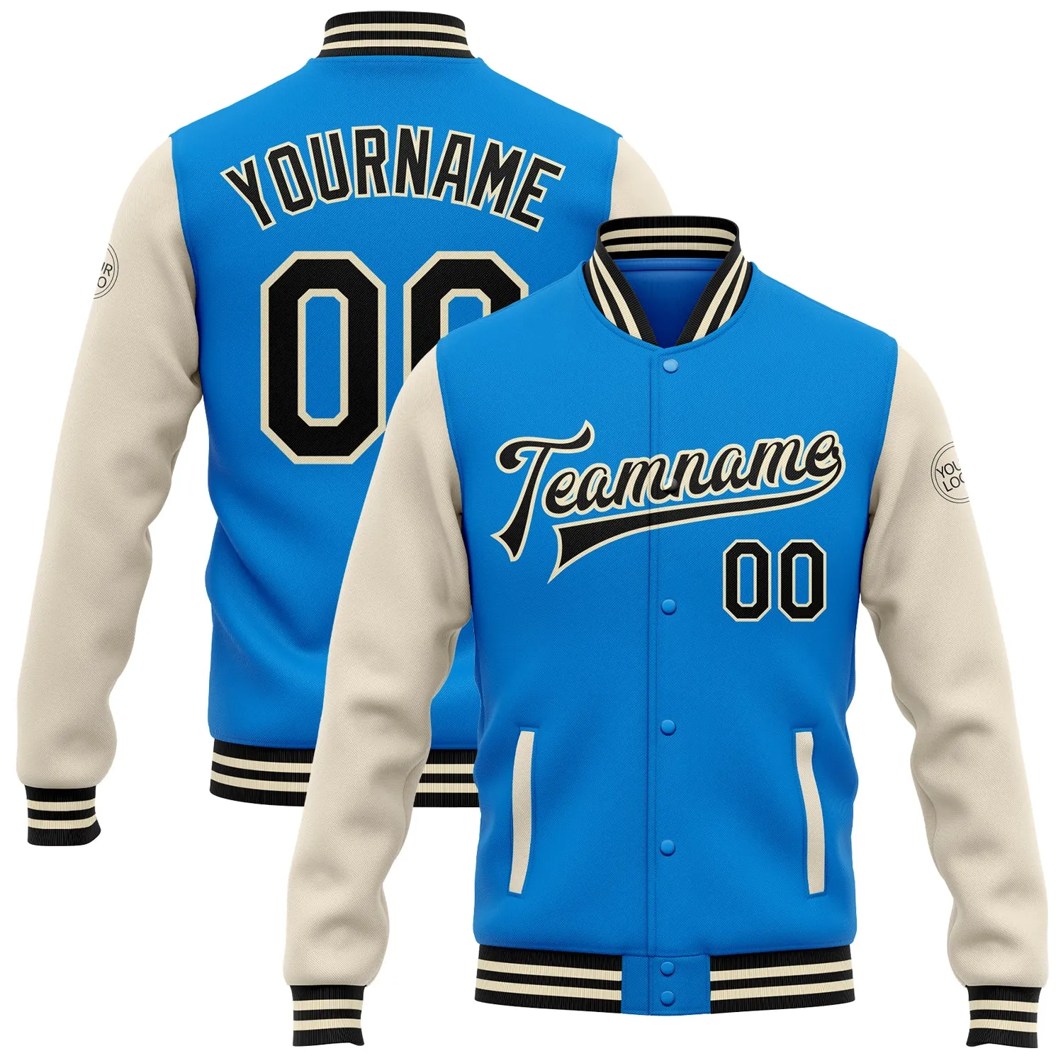 Custom Powder Blue Black-Cream Bomber Full-Snap Varsity Letterman Two Tone Jacket