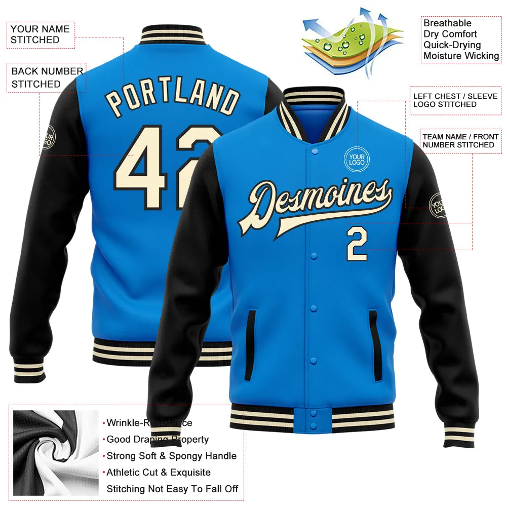 Custom Powder Blue Cream-Black Bomber Full-Snap Varsity Letterman Two Tone Jacket