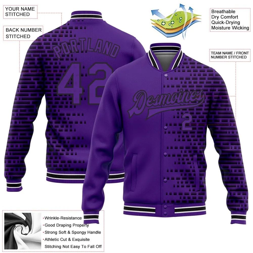 Custom Purple Black-White Halftone 3D Pattern Design Bomber Full-Snap Varsity Letterman Jacket