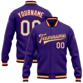 Custom Purple White Black-Orange Bomber Full-Snap Varsity Letterman Jacket