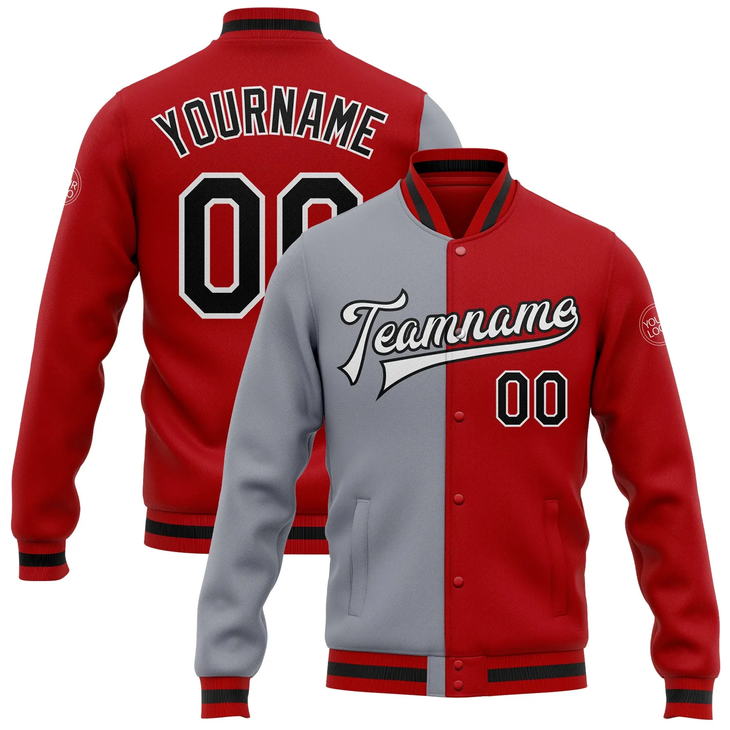 Custom Red Black-Gray Bomber Full-Snap Varsity Letterman Split Fashion Jacket