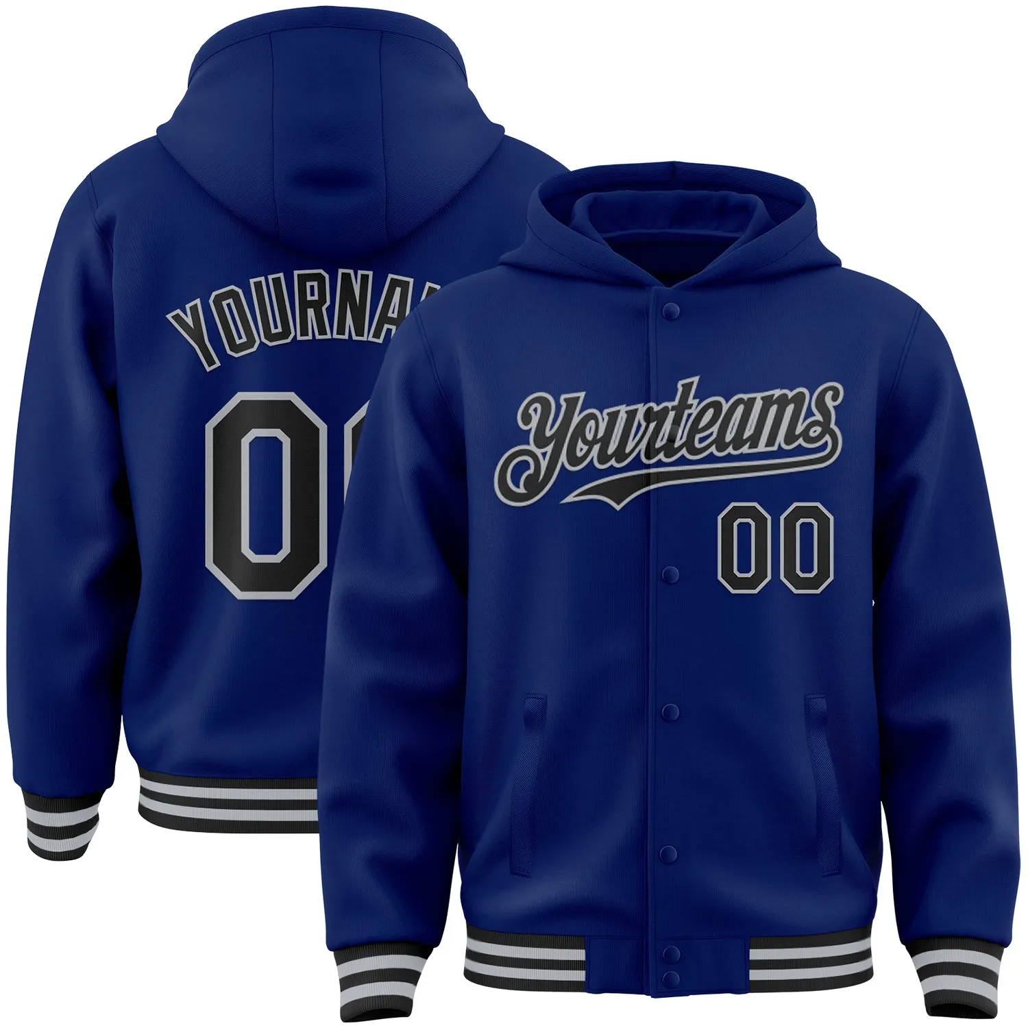 Custom Royal Black-Gray Bomber Full-Snap Varsity Letterman Hoodie Jacket