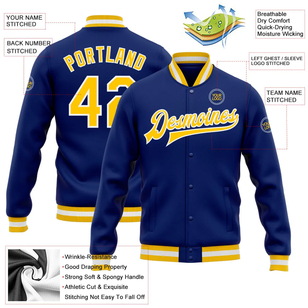 Custom Royal Gold-White Bomber Full-Snap Varsity Letterman Jacket