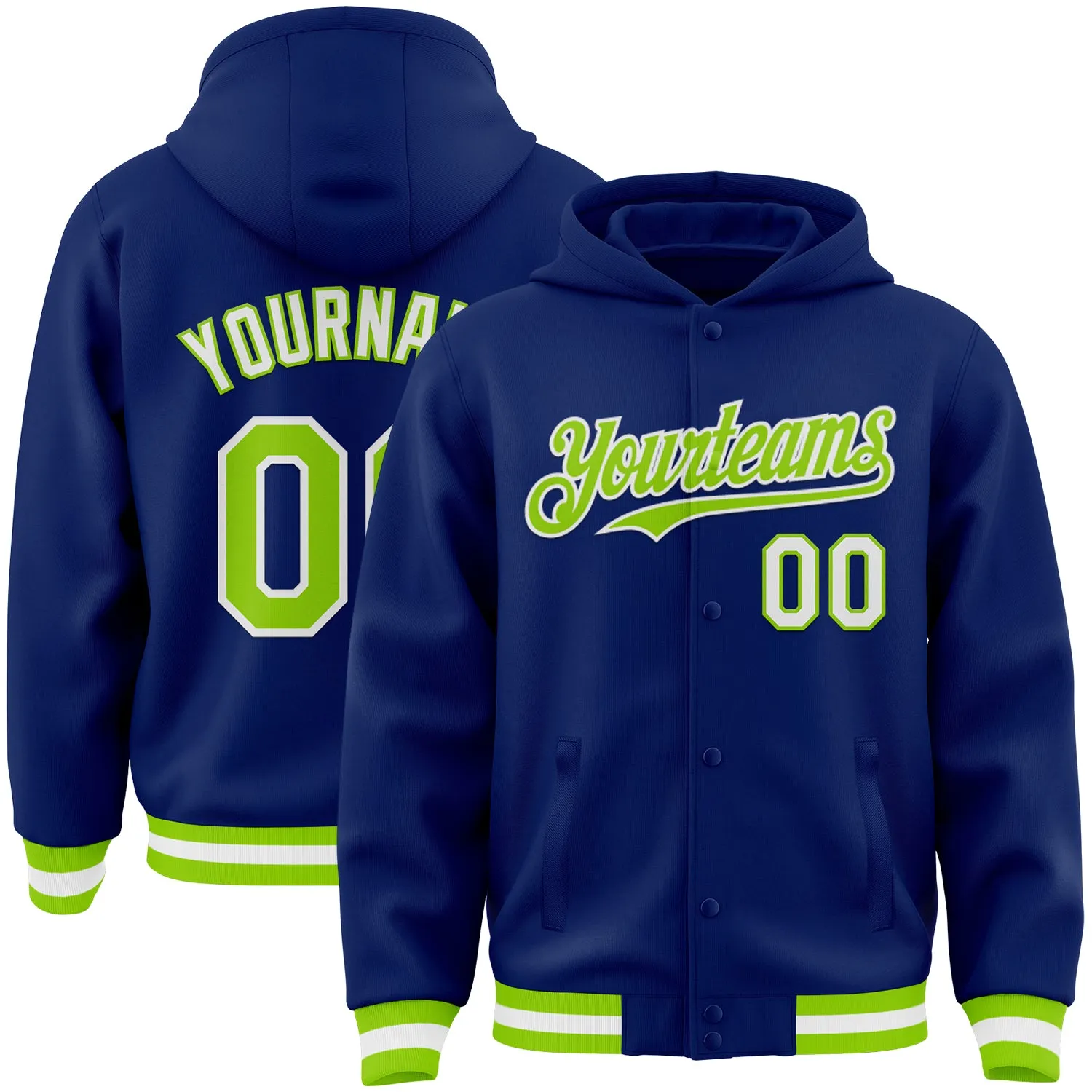 Custom Royal Neon Green-White Bomber Full-Snap Varsity Letterman Hoodie Jacket