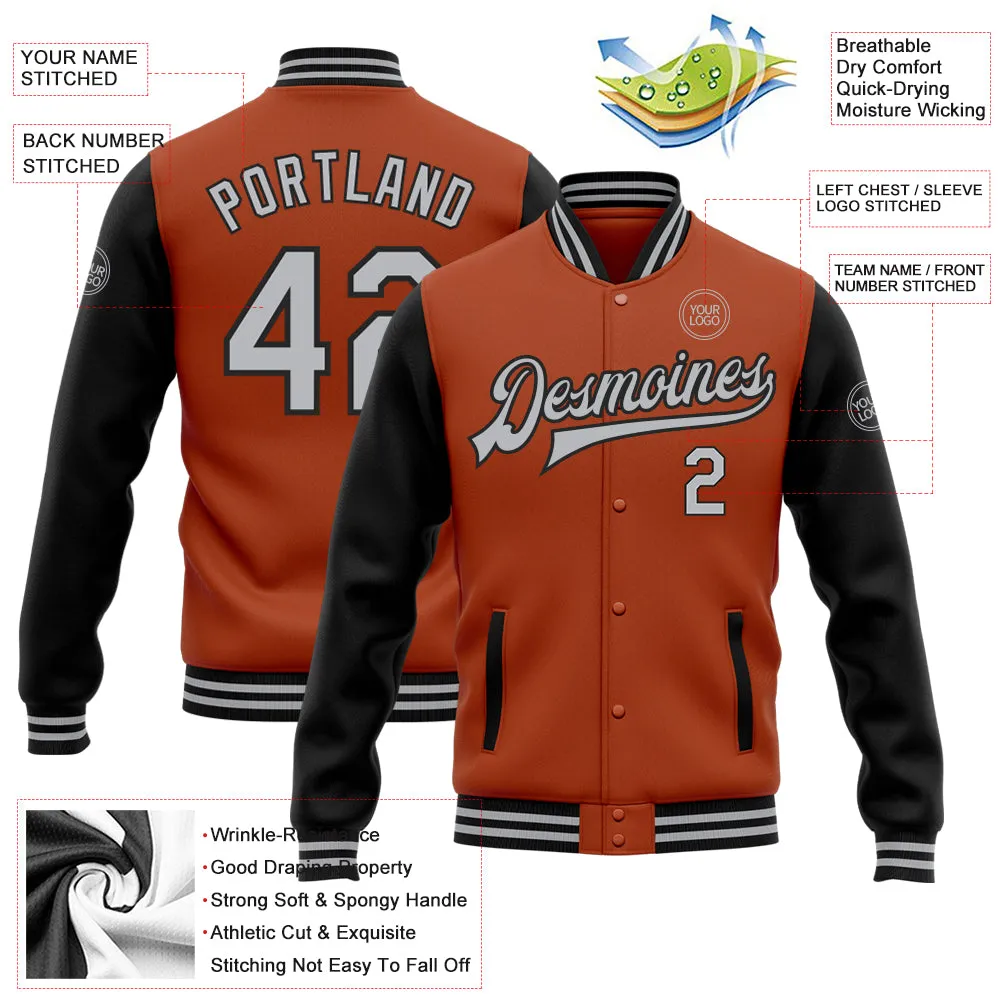 Custom Texas Orange Gray-Black Bomber Full-Snap Varsity Letterman Two Tone Jacket