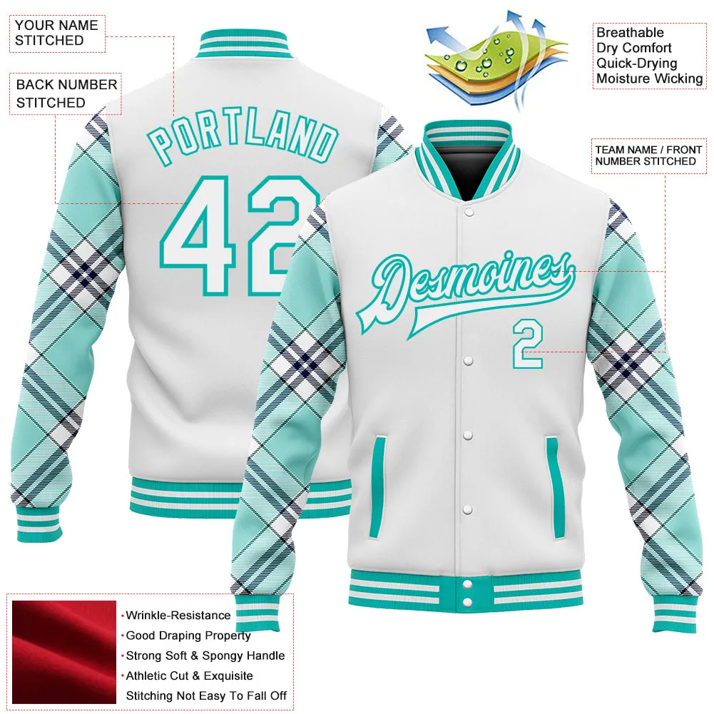 Custom White Ice Blue Aqua-Navy Check Board 3D Pattern Design Bomber Full-Snap Varsity Letterman Jacket