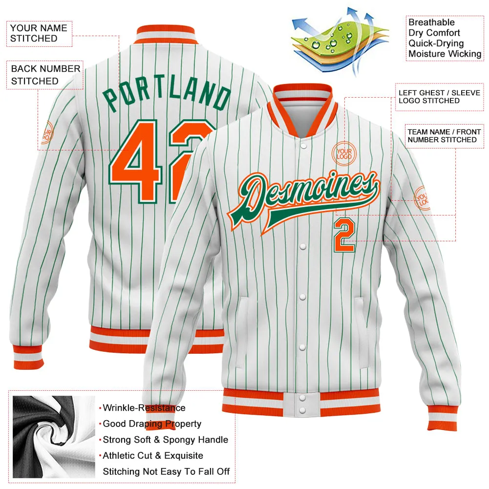 Custom White Kelly Green Pinstripe Orange-Kelly Green Bomber Full-Snap Varsity Letterman Jacket