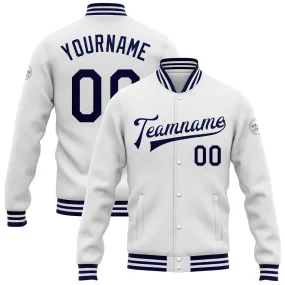 Custom White Navy Bomber Full-Snap Varsity Letterman Jacket