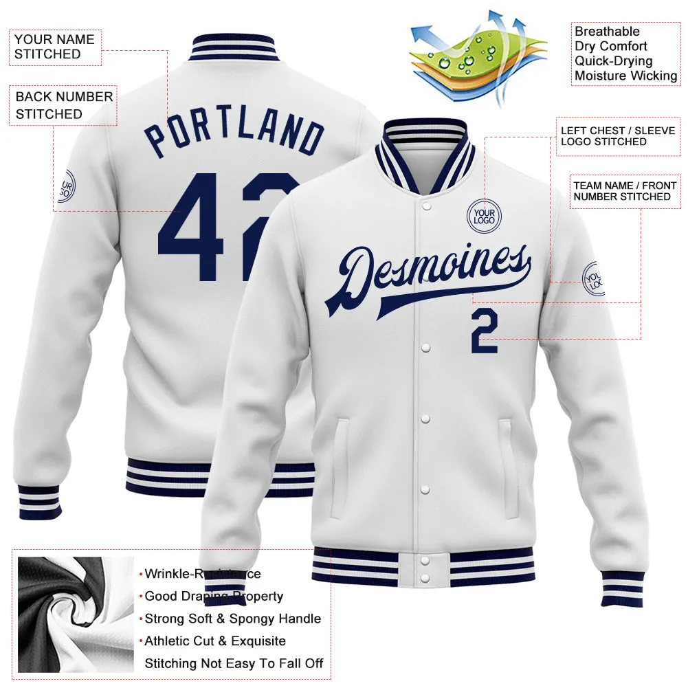 Custom White Navy Bomber Full-Snap Varsity Letterman Jacket