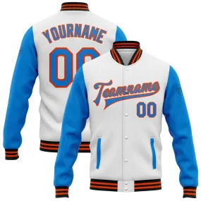 Custom White Powder Blue Orange-Black Bomber Full-Snap Varsity Letterman Two Tone Jacket