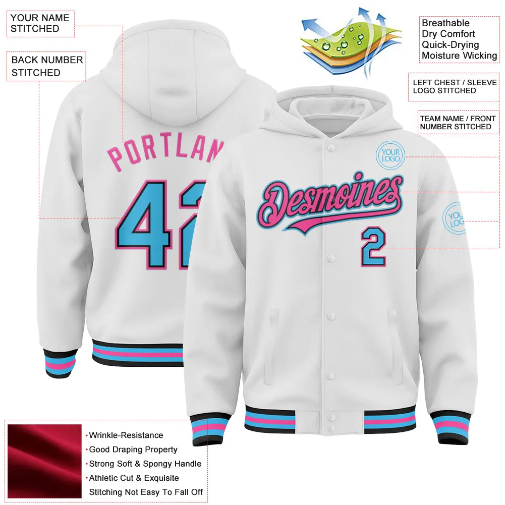 Custom White Sky Blue Black-Pink Bomber Full-Snap Varsity Letterman Hoodie Jacket