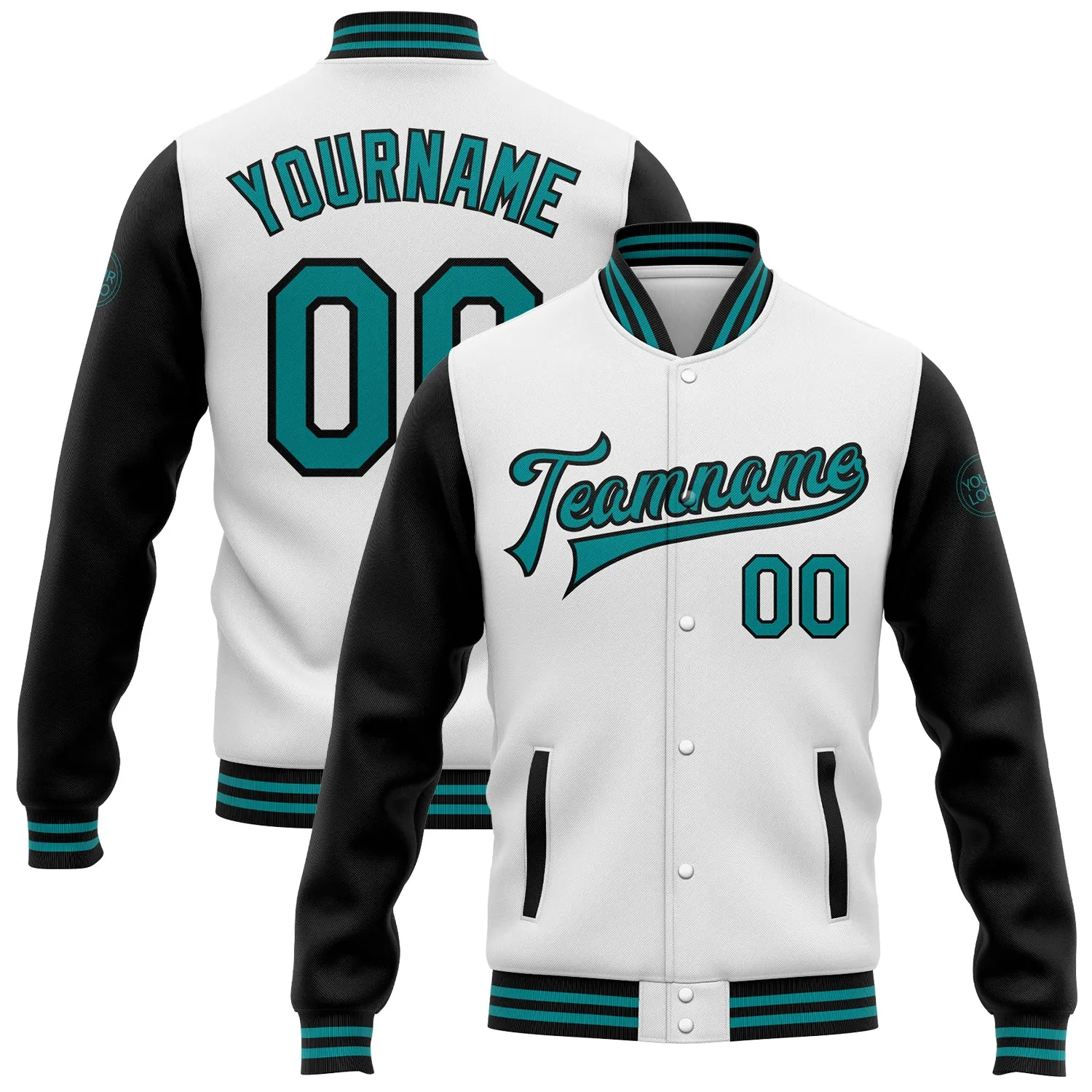 Custom White Teal-Black Bomber Full-Snap Varsity Letterman Two Tone Jacket