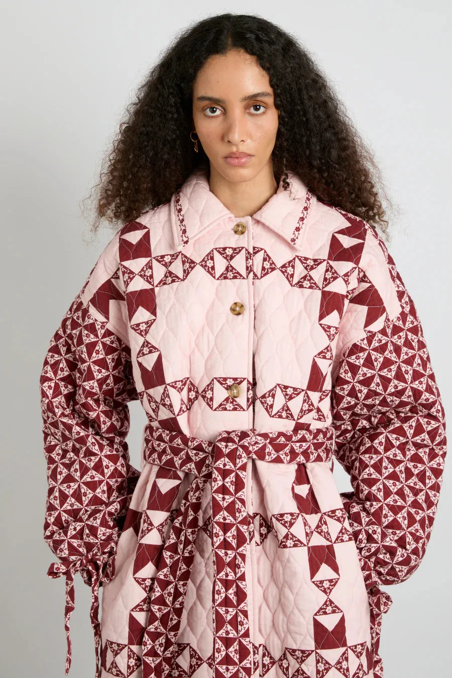 Dahlia Quilted Coat Pink/Red Patchwork Print