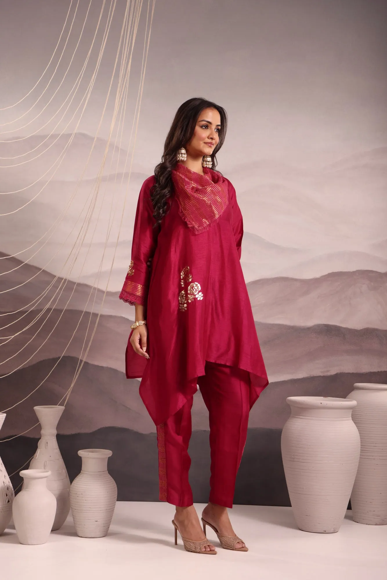 deep magenta anti-fit aysmmetric silk tunic with flower motif sequin embroidery & cowl collar