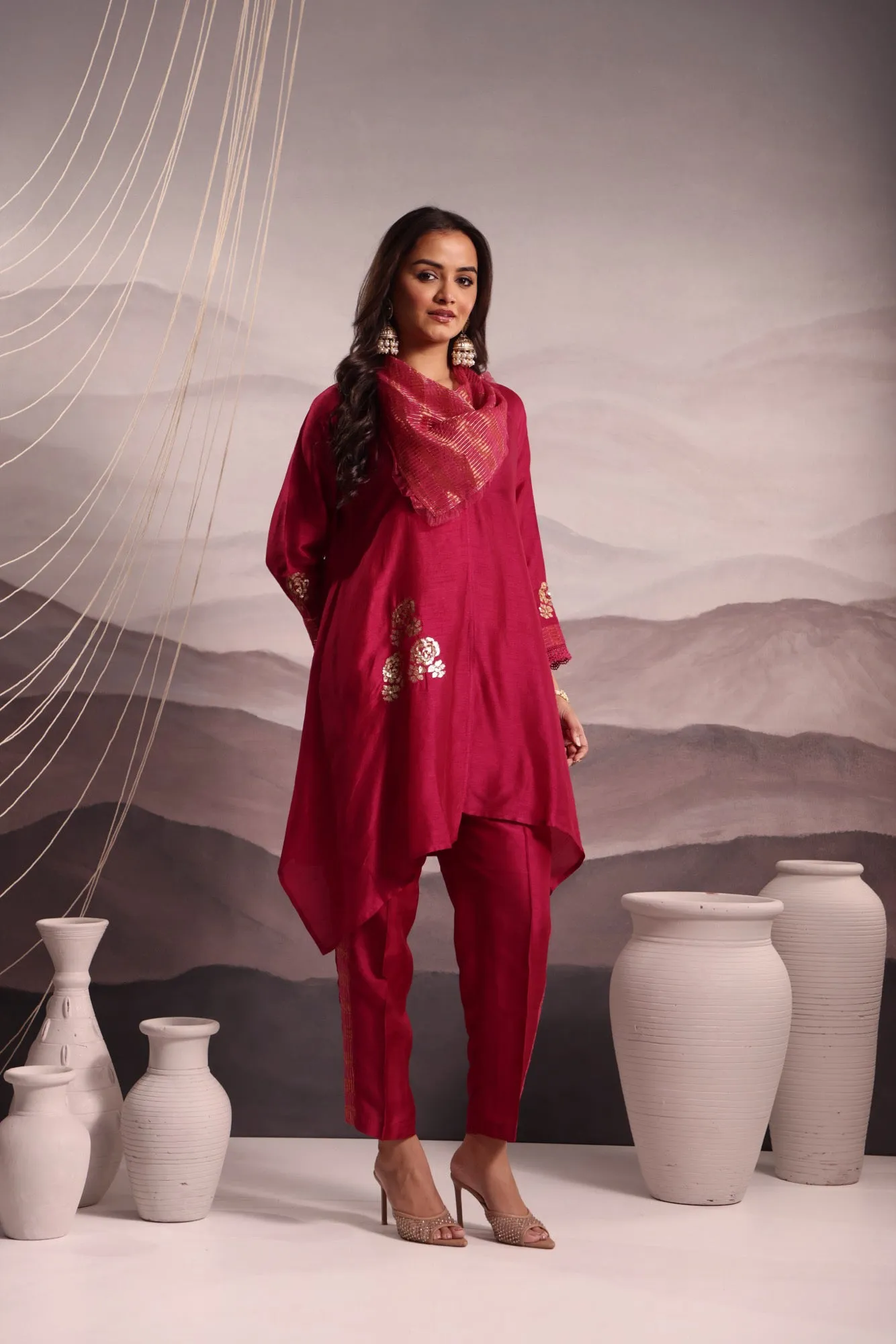 deep magenta anti-fit aysmmetric silk tunic with flower motif sequin embroidery & cowl collar