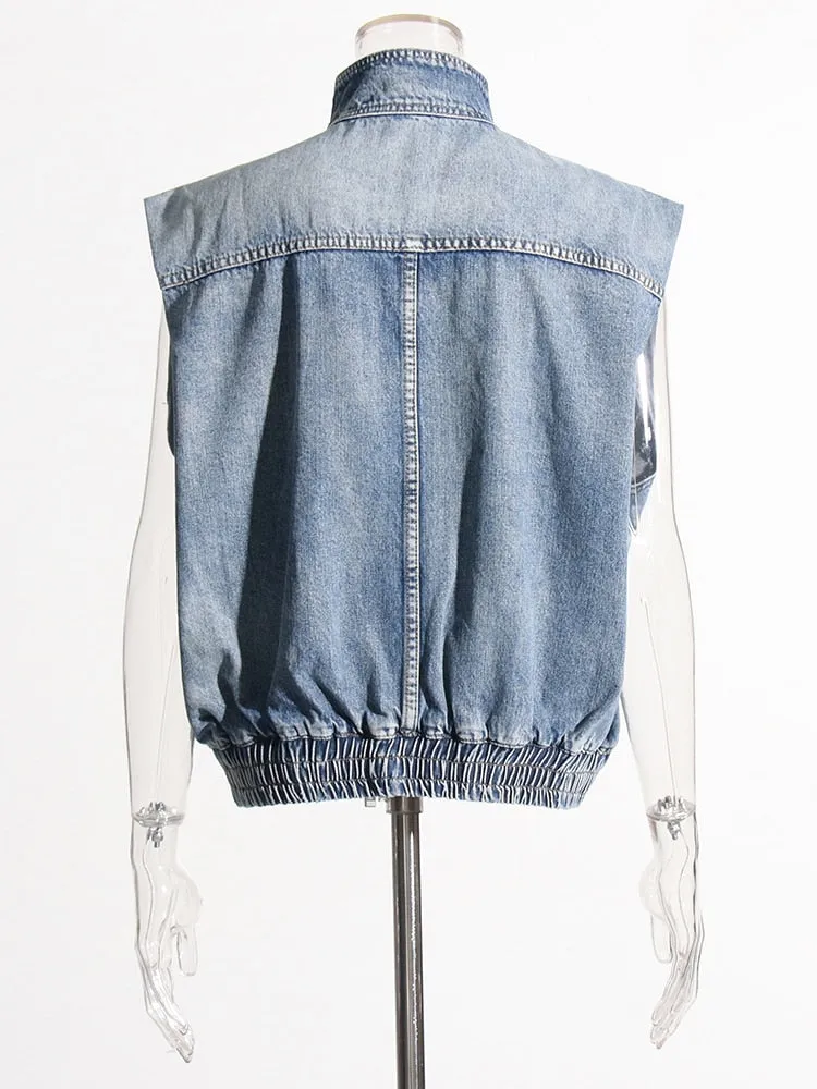 Denim Patchwork Single Breasted Waistcoats For Women Lapel Sleeveless Loose Jacket Female Fashion Clothing